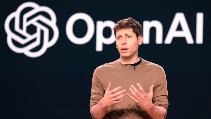 Sam Altman, CEO of OpenAI, speaking in front of the OpenAI logo, emphasizing his commitment to AI innovation and responsible data security practices.